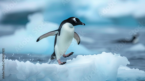 A penguin dives into the water from a frosty ledge.