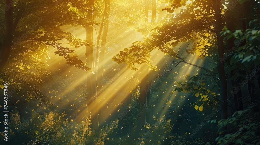 Abstract forest in sun rays icon. Warm, forest, landscape, bushes, nature, silence, leaves, sunlight, grove, beams, trees, lush, taiga, animals. Generated by AI