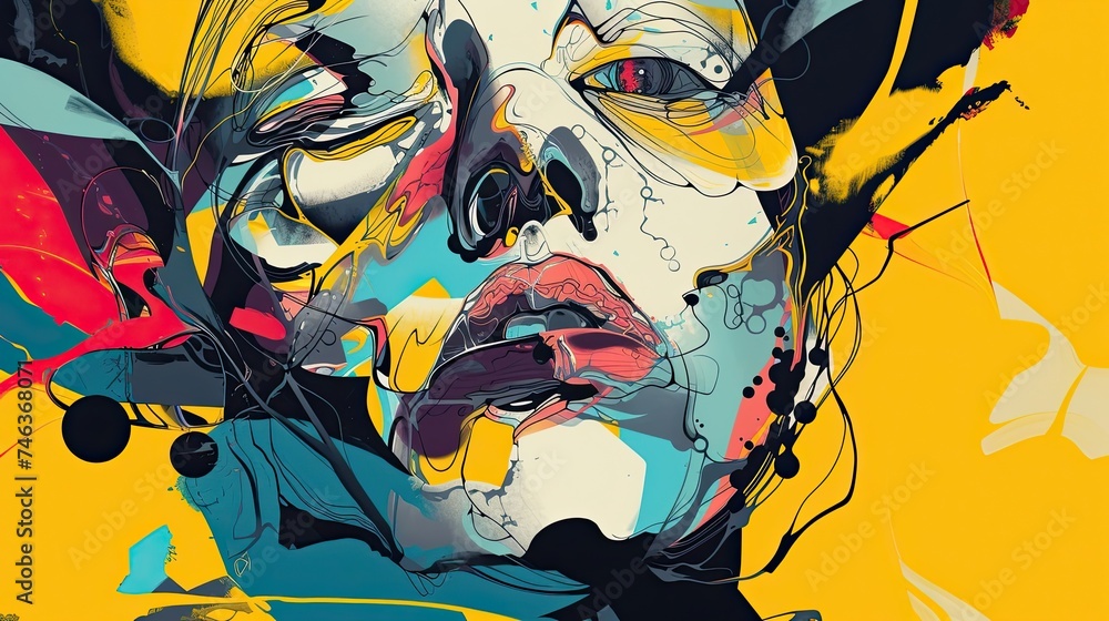 Abstract woman's face in psychedelic style. Arts, drawing, style, painting, color, brightness, painting, art, brush, watercolor, portrait. Generated by AI. Abstract woman's face in psychedelic style. Arts, drawing, style, painting, color, brightness, painting, art, brush, watercolor, portrait. Generated by AI.