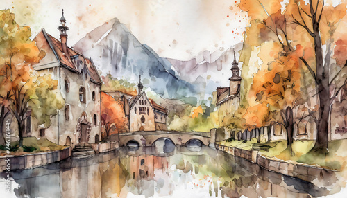 hand drawn watercolor painting of a medieval european village by the river. Houses, bridge, church and mountain around the village with autumn colors