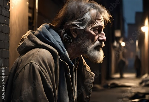 a sad caucasian homeless senior man in a dark city alley at night