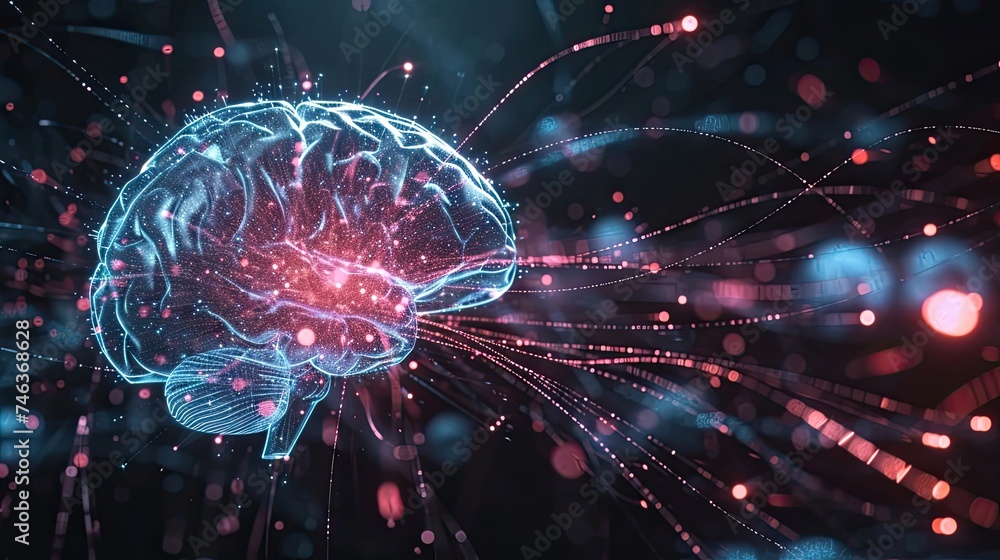 Neural brain icon. Technology, head, mind, organ, convolutions, neuron, skull, thought, hemisphere, intelligence, antidesign, cerebellum. Generated by Ai