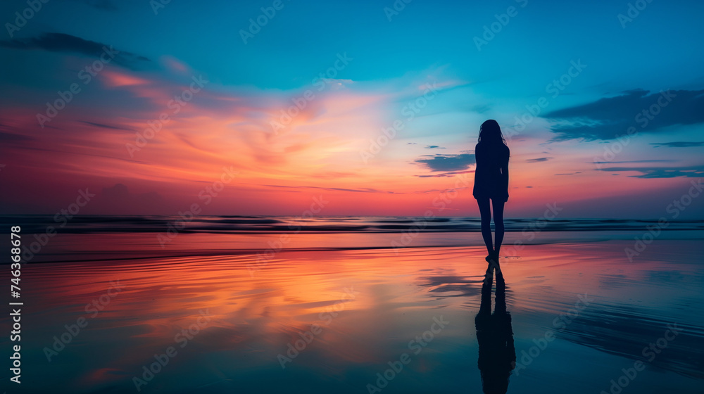 Contemplative Dusk: Silhouette of a Woman Standing Alone on the Beach, Reflecting in the Water Under a Vibrant Sunset Sky