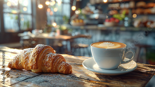 A cup of cappuccino and a croissant on a wooden table,generative ai
