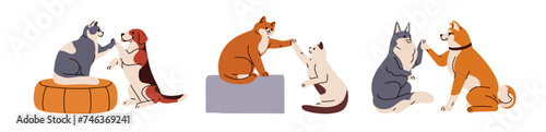 Cute dogs and cats giving high five with paws. Funny pets friends greeting with clap gesture, saying hi. Happy canine and feline animals. Flat graphic vector illustration isolated on white background