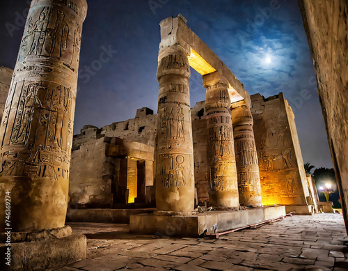 Night view of an ancient Egyptian temple with columns  photo