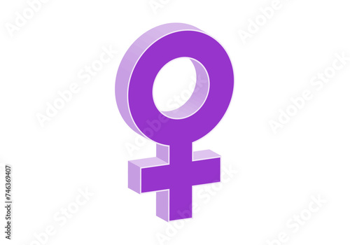 Símbolo de mujer en 3D en morado y violeta sobre fondo blanco. Icono del género femenino
