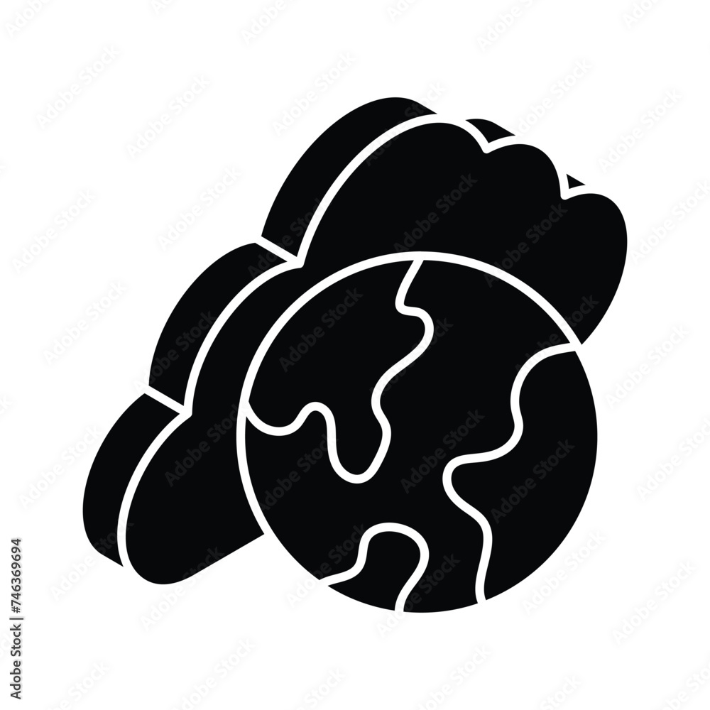 World globe with cloud, isometric icon of global cloud in trendy style World globe with cloud, isometric icon of global cloud in trendy style