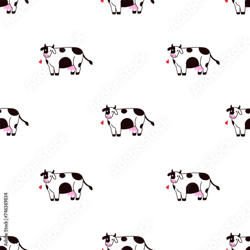 Cute milk cow, seamless pattern. Funny milky farm animal, endless background,...