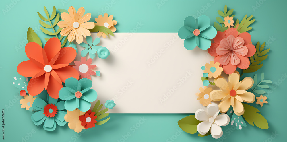 Framework for photo or congratulation with paper blossom and flowers. Woman's day, 8 march, Easter, Mother's day, anniversary greeting card Framework for photo or congratulation with paper blossom and flowers. Woman's day, 8 march, Easter, Mother's day, anniversary greeting card
