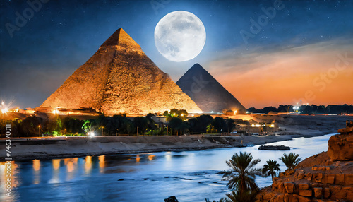 Dreamlike view of ancient Egyptian pyramids near Nile river with full moon. High angle view 