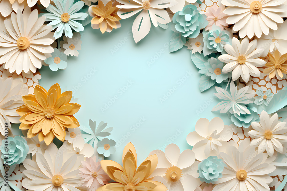Framework for photo or congratulation with paper blossom and flowers. Woman's day, 8 march, Easter, Mother's day, anniversary greeting card Framework for photo or congratulation with paper blossom and flowers. Woman's day, 8 march, Easter, Mother's day, anniversary greeting card