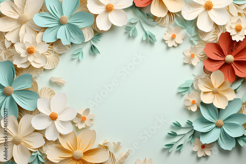 Framework for photo or congratulation with paper blossom and flowers. Woman s day  8 march  Easter  Mother s day  anniversary greeting card