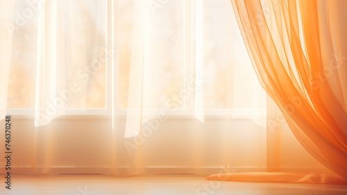 panoramic window with transparent orange curtains, background copy space