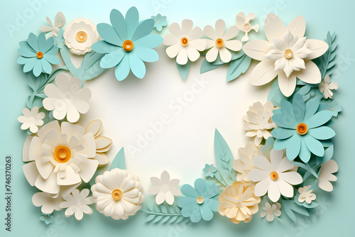 Framework for photo or congratulation with paper blossom and flowers. Woman's day, 8 march, Easter, Mother's day, anniversary greeting card © Oksana