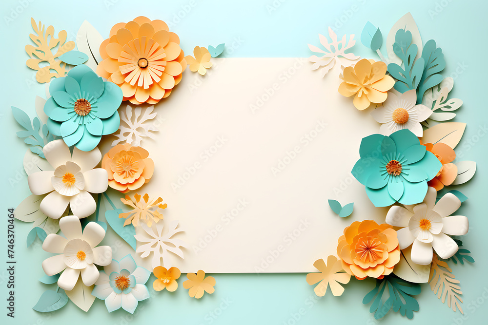 Framework for photo or congratulation with paper blossom and flowers. Woman's day, 8 march, Easter, Mother's day, anniversary greeting card Framework for photo or congratulation with paper blossom and flowers. Woman's day, 8 march, Easter, Mother's day, anniversary greeting card