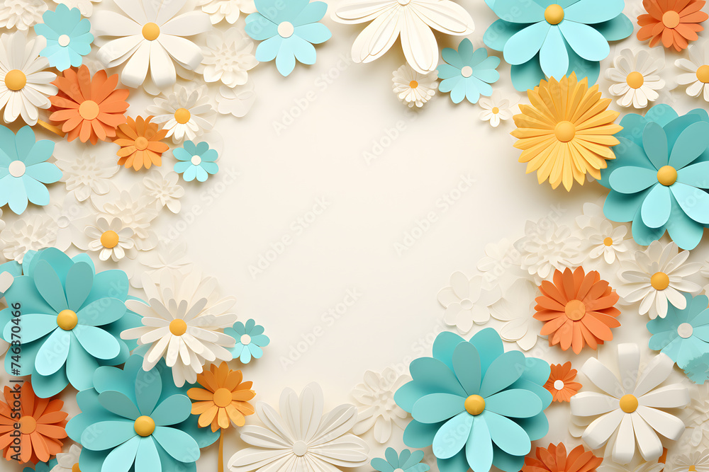 Framework for photo or congratulation with paper blossom and flowers. Woman's day, 8 march, Easter, Mother's day, anniversary greeting card Framework for photo or congratulation with paper blossom and flowers. Woman's day, 8 march, Easter, Mother's day, anniversary greeting card