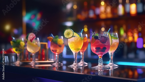 cocktails on the bar counter against the background of a restaurant and a nightclub