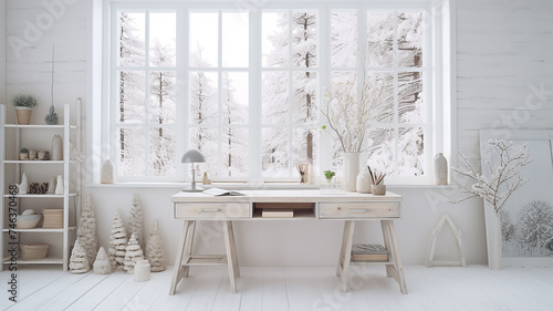 white light interior of a living room  a desk in front of a large panoramic window in design style