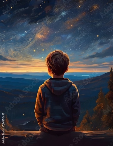A young boy gazing at the starry night sky Generative AI