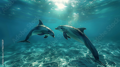 Sun illuminates ocean depths, mystical marine life, vibrant blues, dolphins forming Pisces.generative ai © Suralai