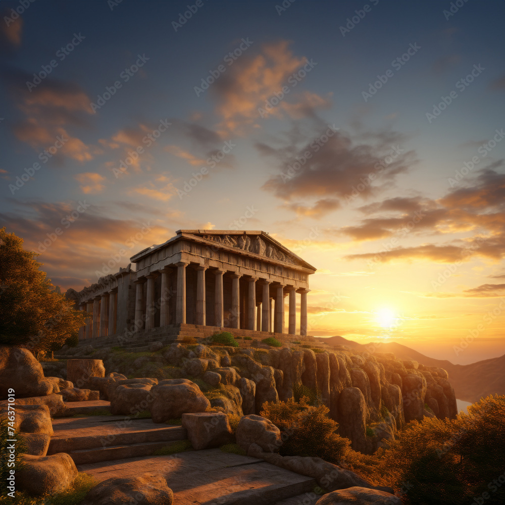 Obraz premium panorama of an ancient Greek rock temple, where twilight casts its enchanting glow upon the Doric column ruins, evoking a sense of timeless majesty.