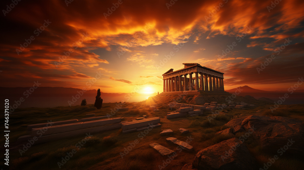 panorama of an ancient Greek rock temple, where twilight casts its enchanting glow upon the Doric column ruins, evoking a sense of timeless majesty. panorama of an ancient Greek rock temple, where twilight casts its enchanting glow upon the Doric column ruins, evoking a sense of timeless majesty.