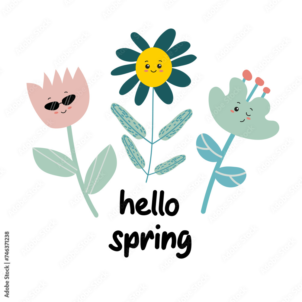 Beautiful floral design with text Hello Spring. Hello spring quotes. Springtime hand drawn prints design. Positive phrases for stickers, postcards or posters. 