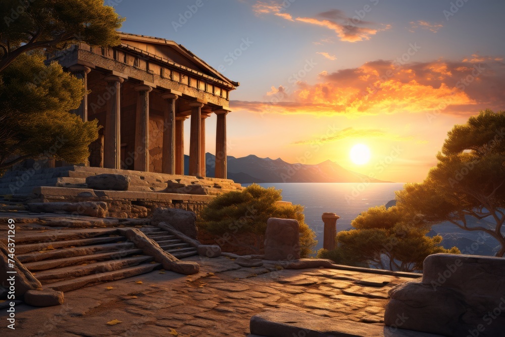 © Surachetsh - panorama of an ancient Greek rock temple, where twilight casts its enchanting glow upon the Doric column ruins, evoking a sense of timeless majesty. © Surachetsh - panorama of an ancient Greek rock temple, where twilight casts its enchanting glow upon the Doric column ruins, evoking a sense of timeless majesty.