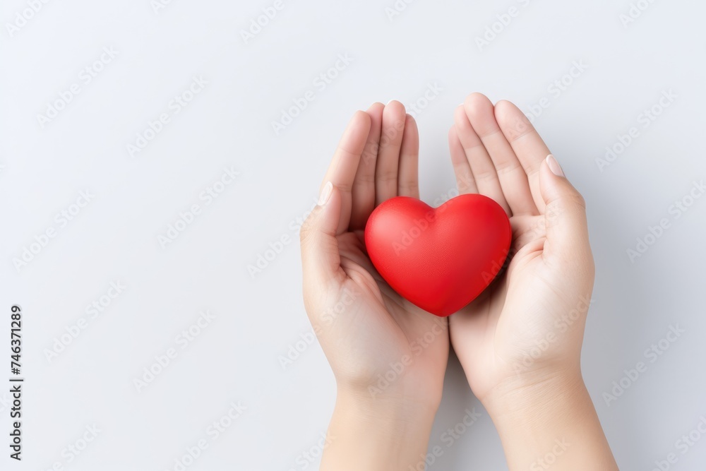 Female hands presenting a red heart symbol, isolated on white. Hands Holding Red Heart with Copy Space