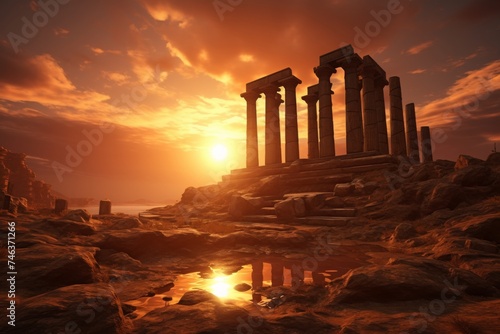 panorama of an ancient Greek rock temple, where twilight casts its enchanting glow upon the Doric column ruins, evoking a sense of timeless majesty.