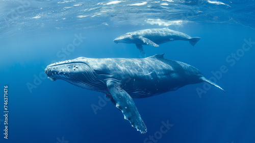 cinematic photo of a whale with her young whale  whale swimming unter water  turkise water color