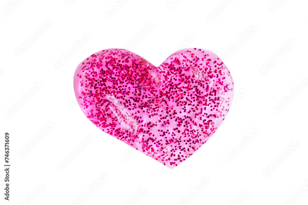 Pink shimmering lip gloss texture in heart shape, texture stroke isolated on white background. Glittering sample