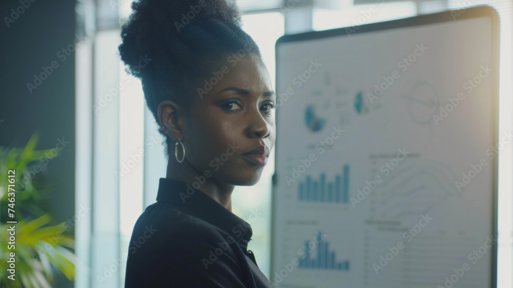 Confident professional woman standing in front of a business presentation. Confident professional woman standing in front of a business presentation.