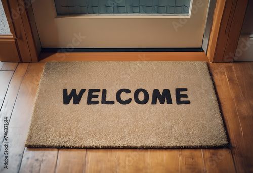 The word WELCOME written on a door mat.