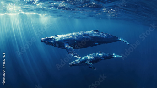 cinematic photo of a whale with her young whale, whale swimming unter water, turkise water color