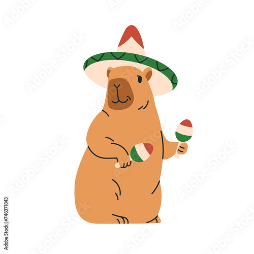 Cute capybara playing maracas. Funny Mexican capibara animal with music instr...