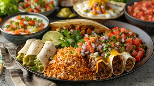 Traditional Mexican Food Spread with Tacos, Enchiladas, Pico de Gallo and Rice on Rustic Table © pisan