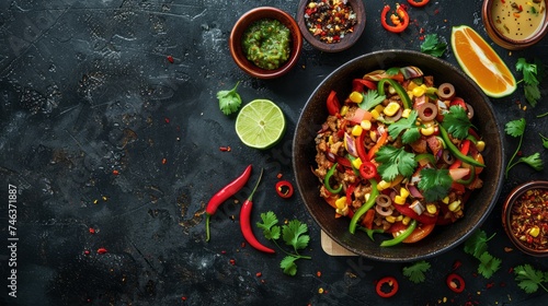 Vibrant Mexican Beef Fajita Bowl with Bell Peppers, Onions, Cilantro, Lime, and Spicy Salsa on Dark Textured Background