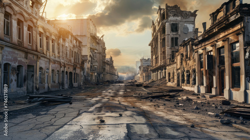 Fotografia A desolate street scene amidst the ruins under a dramatic sky.