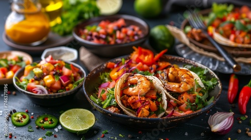 Fresh Grilled Shrimp Tacos with Homemade Salsa and Lime on Dark Rustic Table, Mexican Cuisine Concept