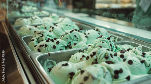 Mint-flavored ice cream with chocolate.