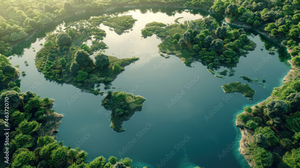 A lake in the shape of the world continents in the middle of nature. topview photography. A lake in the shape of the world continents in the middle of nature. topview photography.