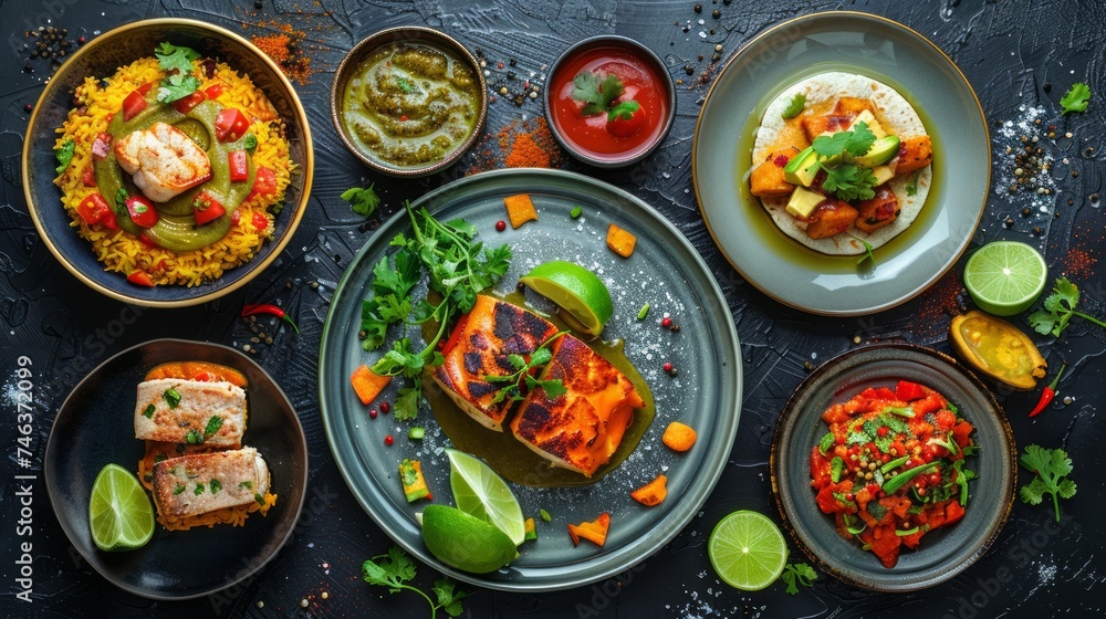 Assorted Delicious Mexican Dishes on Rustic Table for Gourmet Culinary Experience - Salsa, Tacos, Grilled Salmon, and Rice Assorted Delicious Mexican Dishes on Rustic Table for Gourmet Culinary Experience - Salsa, Tacos, Grilled Salmon, and Rice