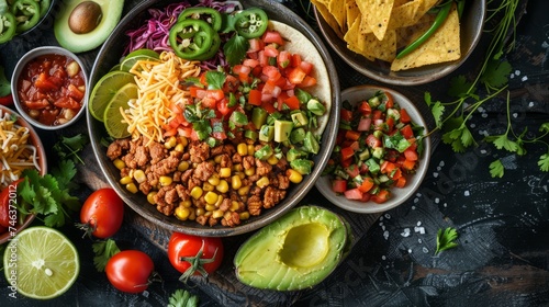 Colorful Mexican Taco Bowl with Avocado, Corn, Beans, Tomatoes on Dark Background, Vegan Tex-Mex Cuisine Concept, Top View