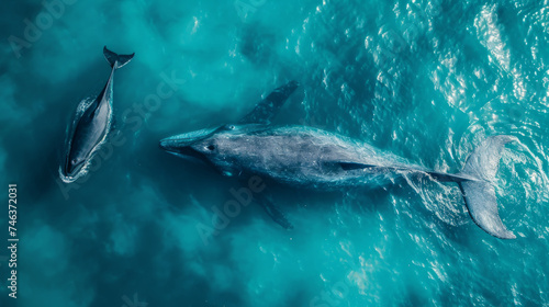 cinematic photo of a whale with her young whale, whale swimming unter water, turkise water color