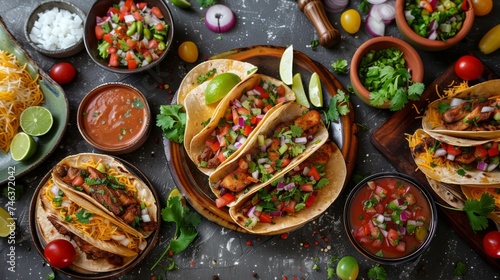 Gourmet Mexican Tacos with Fresh Ingredients and Salsas on a Festive Table Setting
