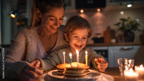 Joyful Mother and Child Celebrating with a Candlelit Birthday Cake at Home