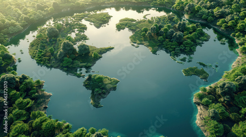 A lake in the shape of the world continents in the middle of nature. topview photography.