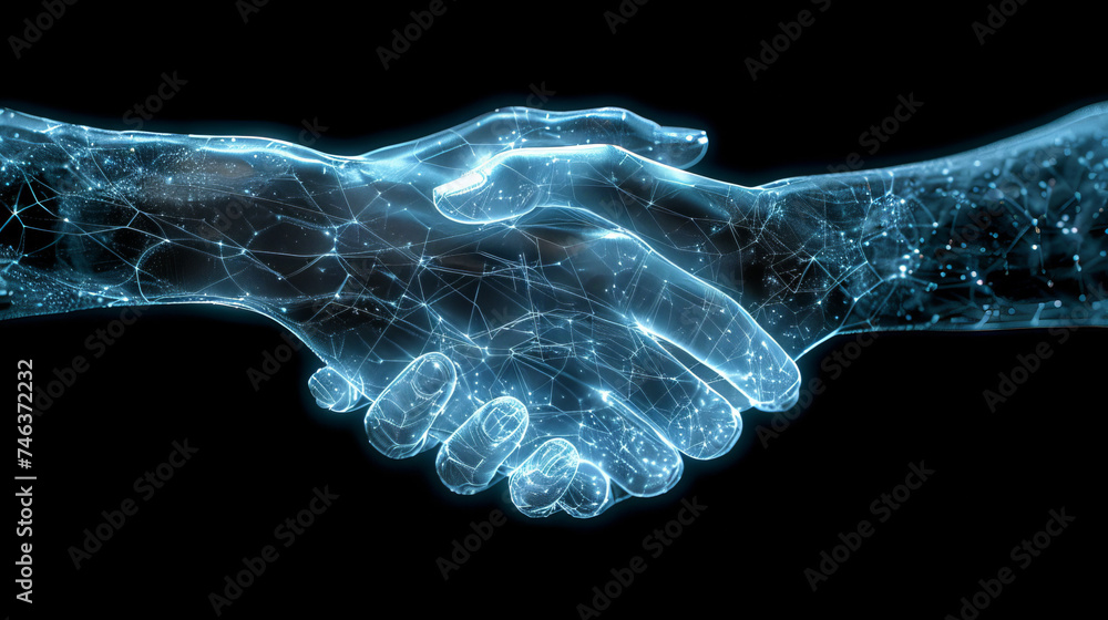 Handshake, Two wire-frame glowing hands, technology, business, trust concept,generative ai Handshake, Two wire-frame glowing hands, technology, business, trust concept,generative ai